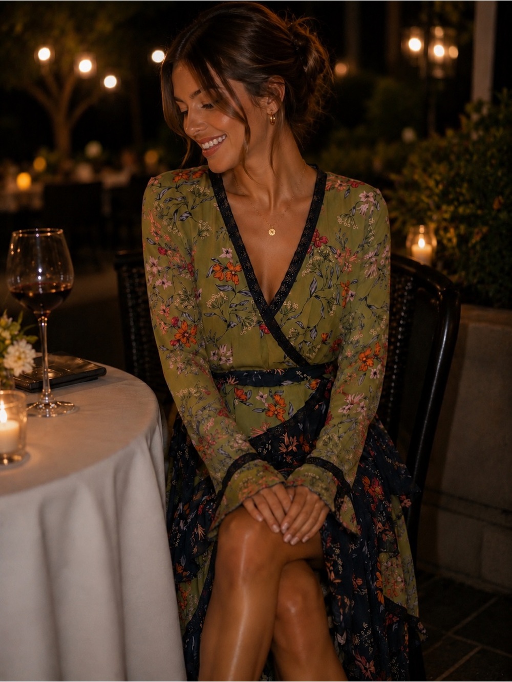 NWT Floral Wrap Midi Dress Olive Green Boho Long Sleeve Women’s Size L Fairycore